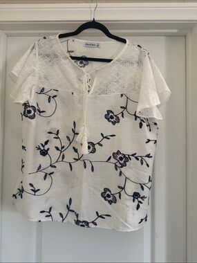 Eyelet Yoke White Blouse with Navy Floral Embroidery